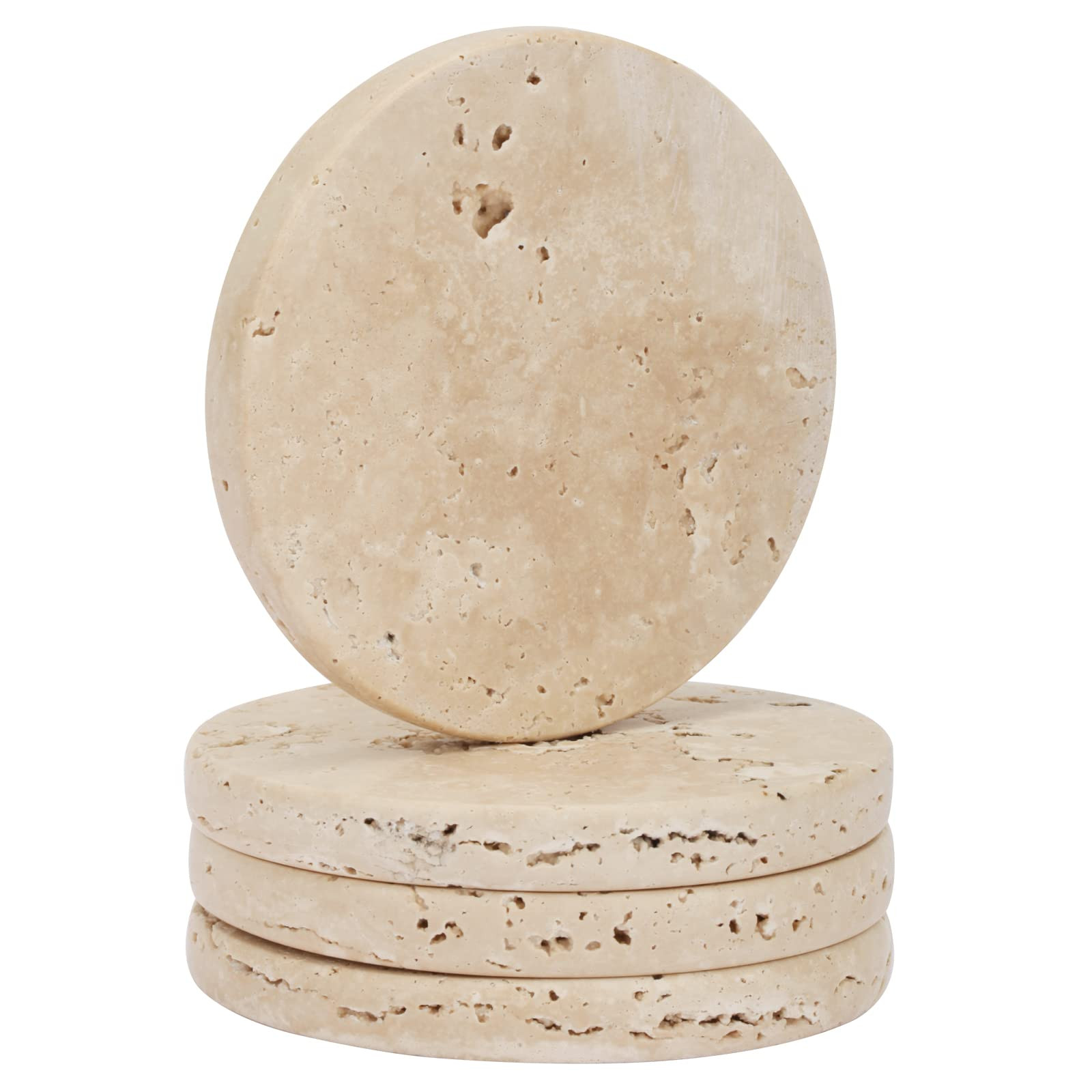 WORHE Natural Travertine Marble Coasters Set of 4-4" Round Stone Drink Coasters, Non-Slip Cork Ba... | Amazon (US)