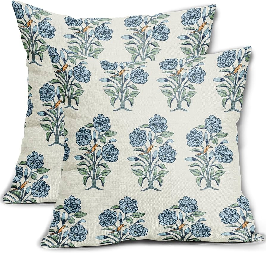 Blue Floral Pillow Covers 18x18 Set of 2 Rustic Light Blue Green Chinoiserie Flowers Leaves Birds... | Amazon (US)