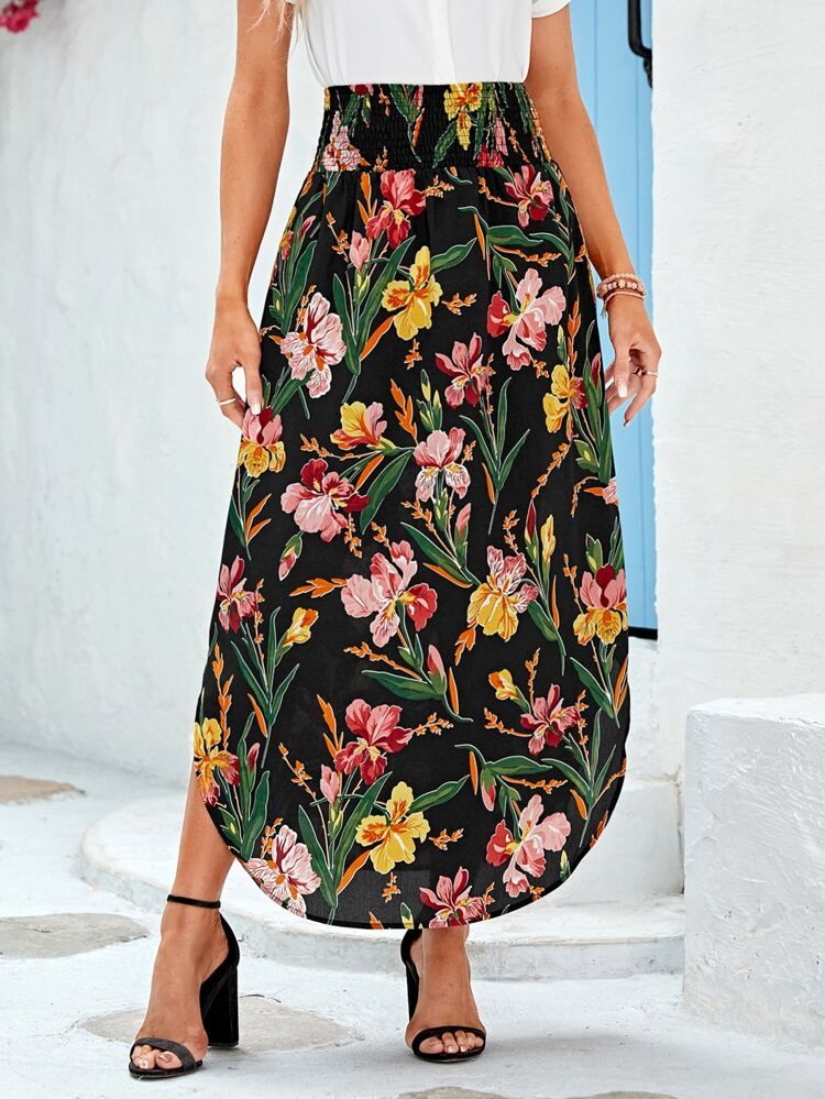 EMERY ROSE Floral Print Curved Hem Skirt | SHEIN