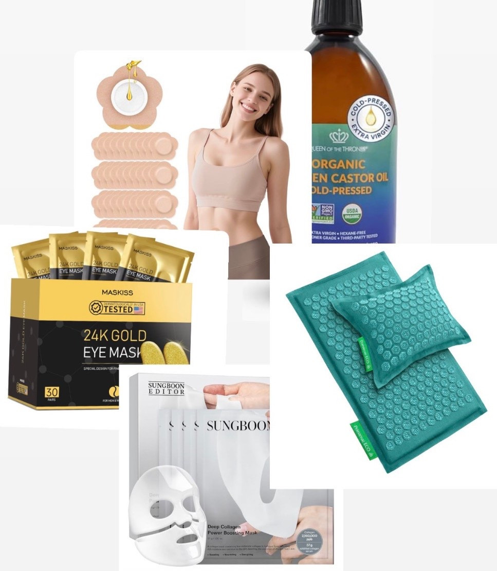 Caster oil, caster oil patches, collagen face mask, eye patches, PRANAMAT 

#LTKselfcare #LTKdayinmylife #LTKHome