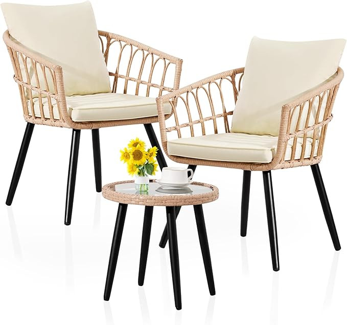 FHFO 3 Piece Outdoor Patio Bistro Set, Wicker Table and Chairs Set of 2, All-Weather Rattan Balco... | Amazon (US)