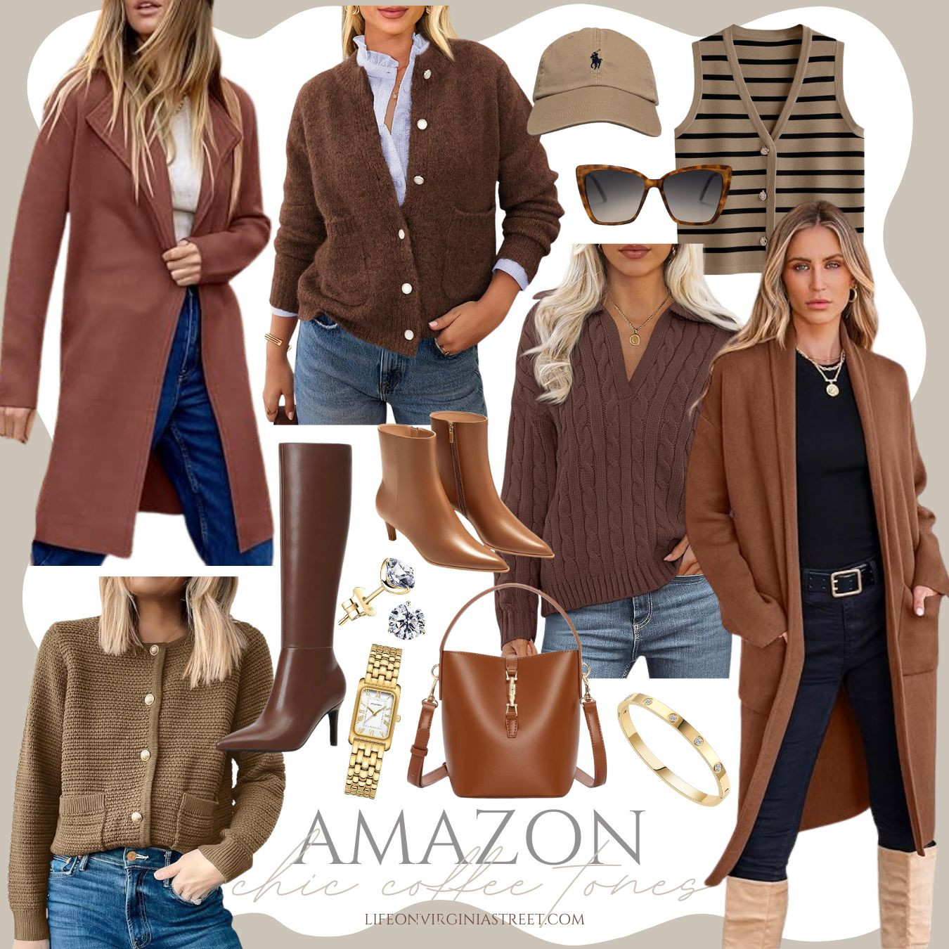 Loving these shades of brown for fall outfits! Try this long cardigan, cozy button-up cardigan, cableknit v-neck polo sweater, striped vest, knee-high boots, booties, bucket purse, polo hat, and chic accessories from Amazon! #ltksalealert #ltkseasonal #ltkfindsunder50 #ltkfindunder100 #ltkstyletip #ltkover40 #ltkmidsize #ltkworkwear #ltkitbag #ltkshoecrush 

 

#LTKSeasonal #LTKSaleAlert #LTKFindsUnder50