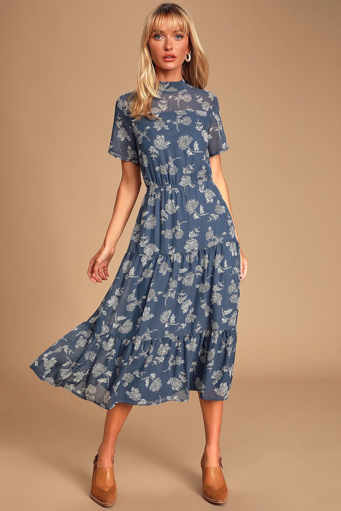 Floral Dressed Up Dusty Blue Floral Print Midi Dress | Lulus (US)