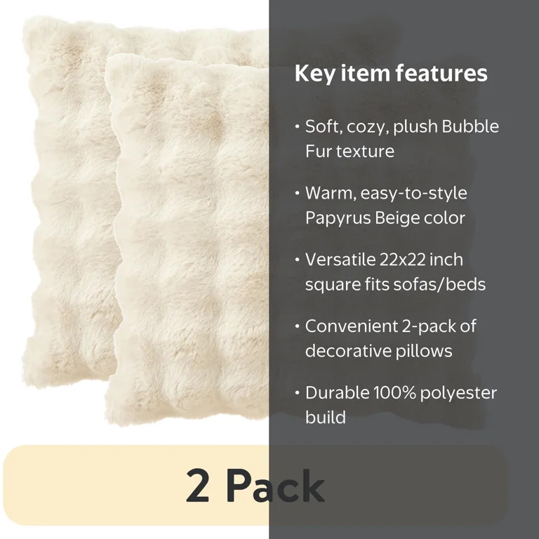 (2 pack) Better Homes & Gardens Bubble Fur Decorative Throw Pillow, 22 in x 22 in, Papyrus Beige,... | Walmart (US)