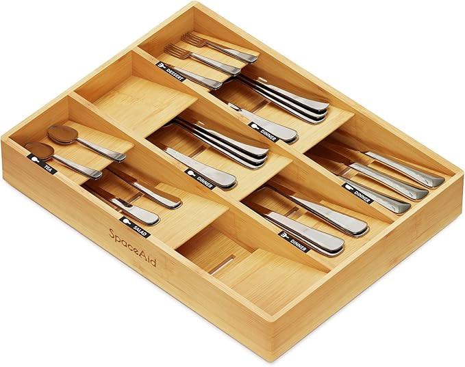 SpaceAid Bamboo Silverware Drawer Organizer with Labels, Kitchen Utensil Tray Holder Organizer fo... | Amazon (US)