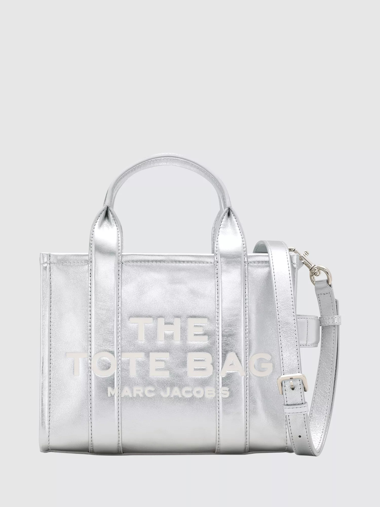 Marc Jacobs Metallic Leather The Small Tote Bag, Silver | John Lewis (UK)