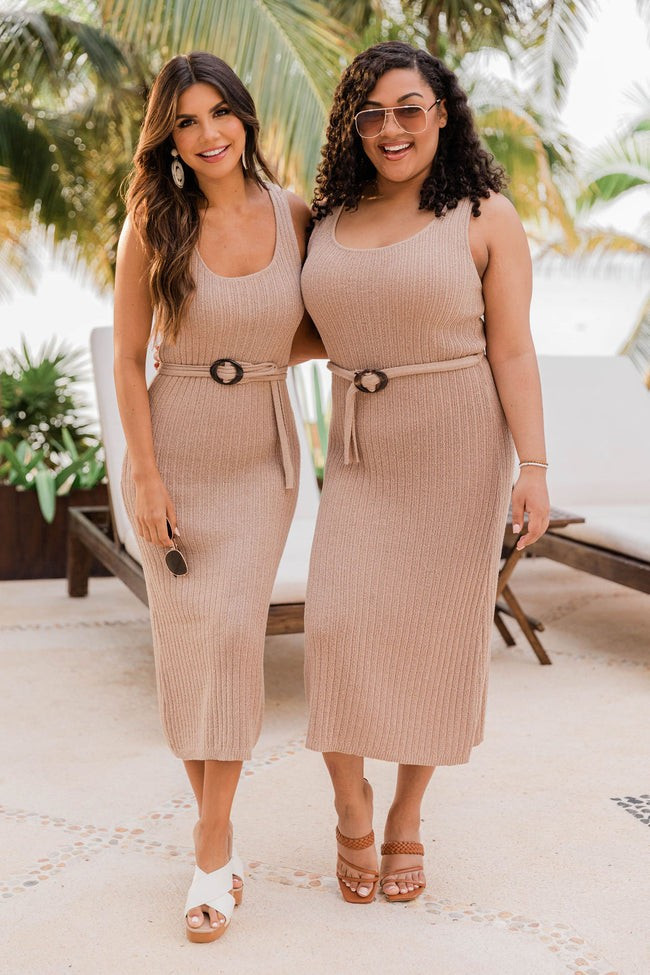 Wonder About Me Tan Belted Midi Dress | The Pink Lily Boutique