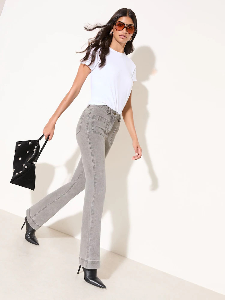 Friends Like These Light Grey Petite High Waist Pocket Flare Jeans | Next EU