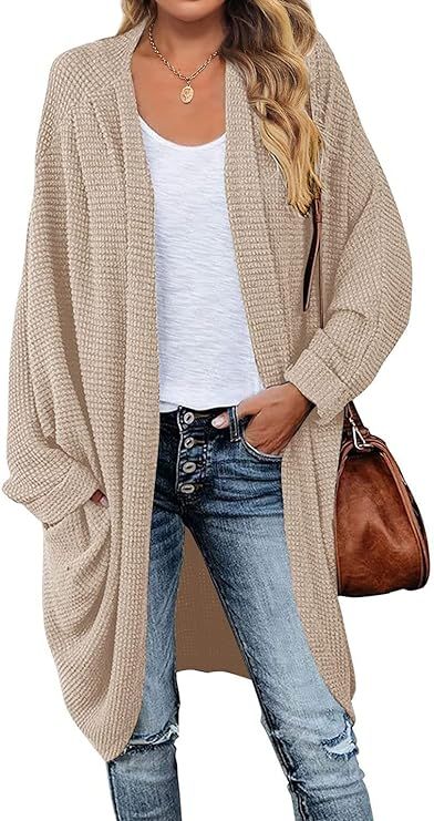 MEROKEETY Women's 2024 Fall Waffle Knit Batwing Long Sleeve Cardigan Loose Open Front Sweater Coa... | Amazon (US)