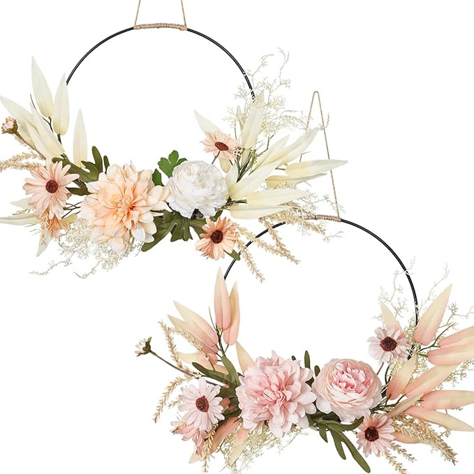 Weldomcor Artificial Floral Wreath for Front Door Porch Set of 2 Floral Hoop Wreath Decor with Pi... | Amazon (US)