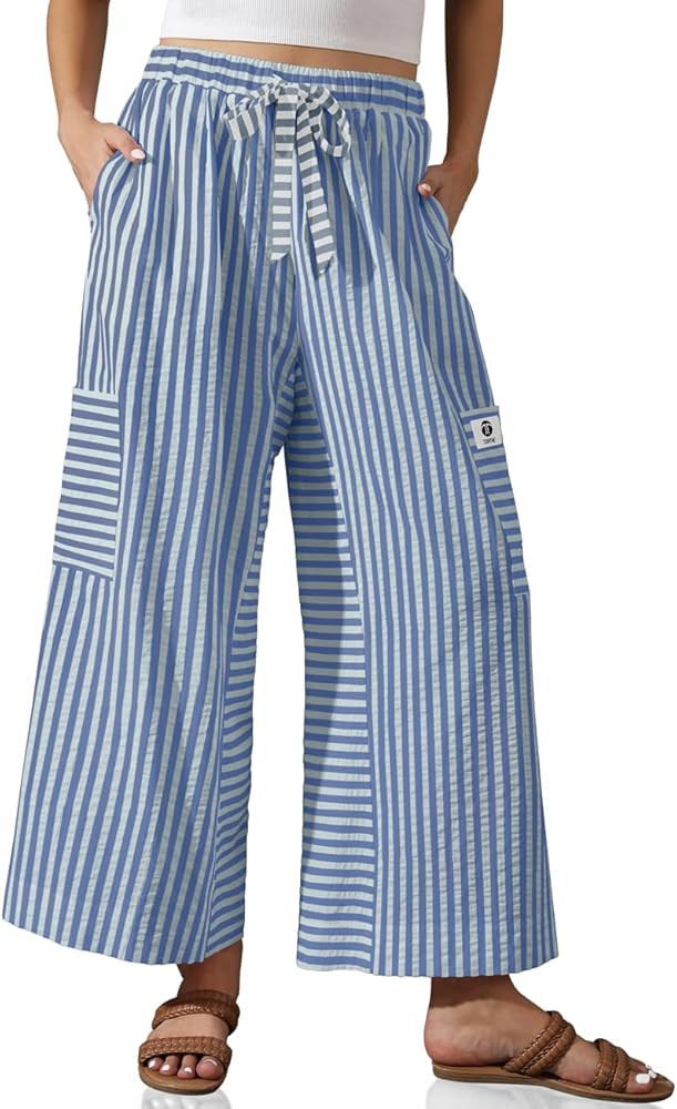 TARSE Women’s Striped Wide Leg Pants Drawstring Casual Boho Palazzo Pants Loose Lounge Beach Va... | Amazon (US)