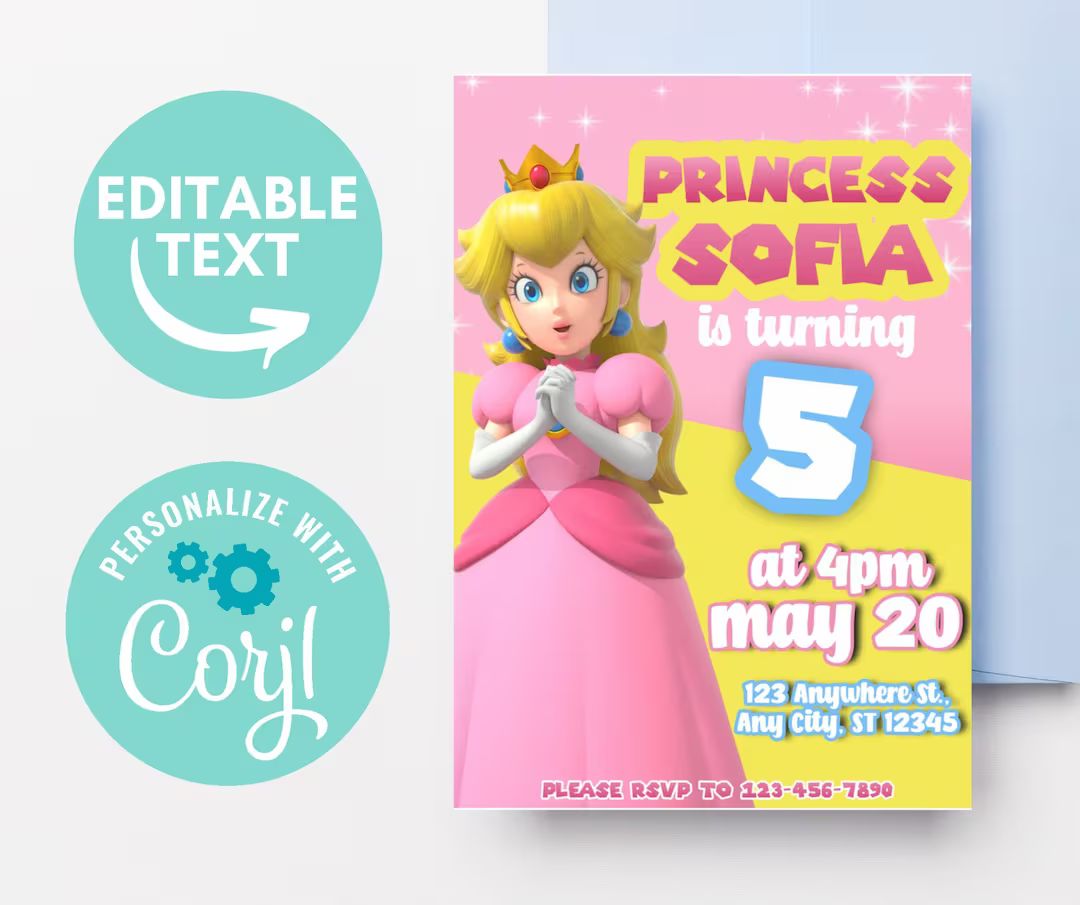 Princess Peach Invitation, Mario Bros Birthday Party | Etsy (US)