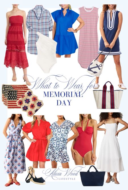 What to Wear for Memorial Day!  

Frank & Eileen light blue & red plaid Mary shirt dress 
Frank & Eileen Cory red French striped  maxi dress 
J Crew seamed flare midi dress in white linen 
Summersalt Sidestroke white one shoulder swimsuit 
Avara Annalyn dress in royal blue 
St Barths large tote in navy 
Navy Carina espadrilles
Essentials halter one piece swimsuit in red 
Navy and red equestrian tote 
Temptation  Positano maxi dress in red 
 American flag placemats 
Floral raffia table runner 
Avara Jane dress in red 
Cartolina joy cover up crochet dress 
Boden Linen wrap midi dress 
Cabana Life Navy sleeveless Terry tunic 



#LTKStyleTip #LTKSeasonal #LTKOver40