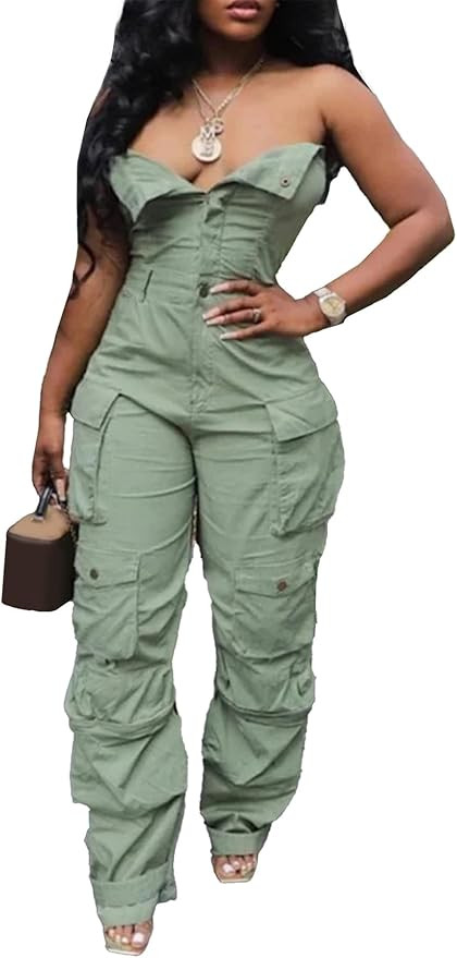 LETSVDO Women's Cargo Denim Jumpsuit Strapless Multi Pockets Wide Leg Loose Baggy Jean Romper Car... | Amazon (US)