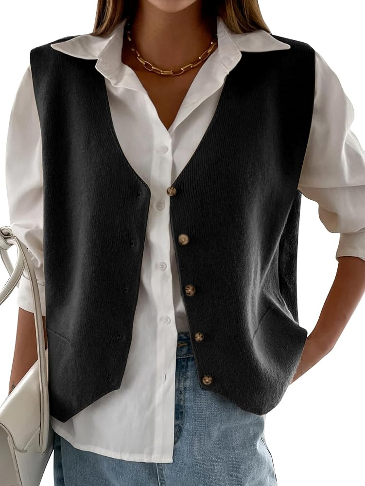 Verdusa Women's Sleeveless V Neck Button Up Knit Sweater Vest | Amazon (US)