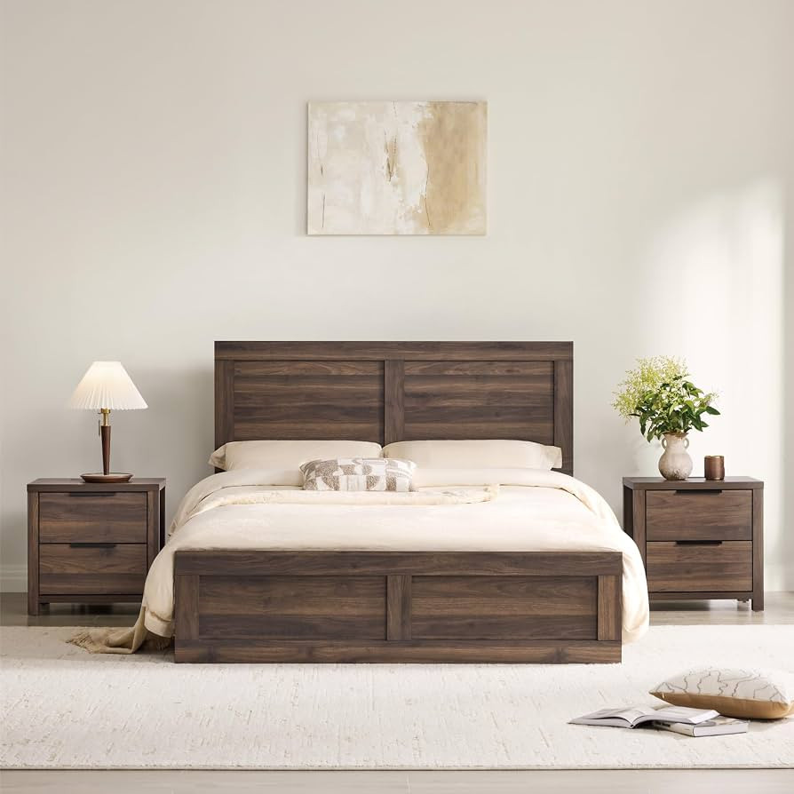 KISLOT 3 Pieces Bedroom Set, Wood Bed Frame with Upholstered Headboard & 2 Nightstands with Stora... | Amazon (US)