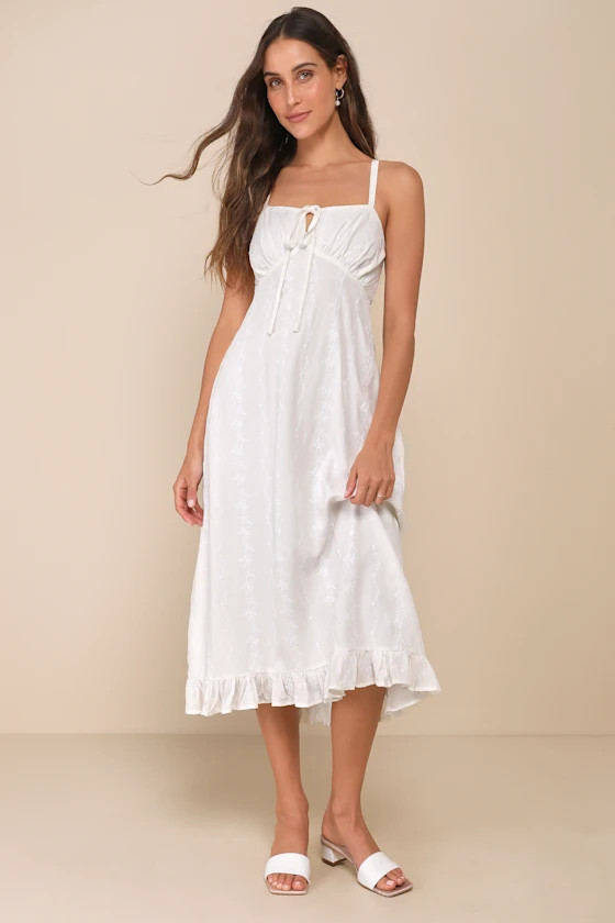 Unbelievably Sweet White Floral Embroidered Ruffled Midi Dress | Lulus