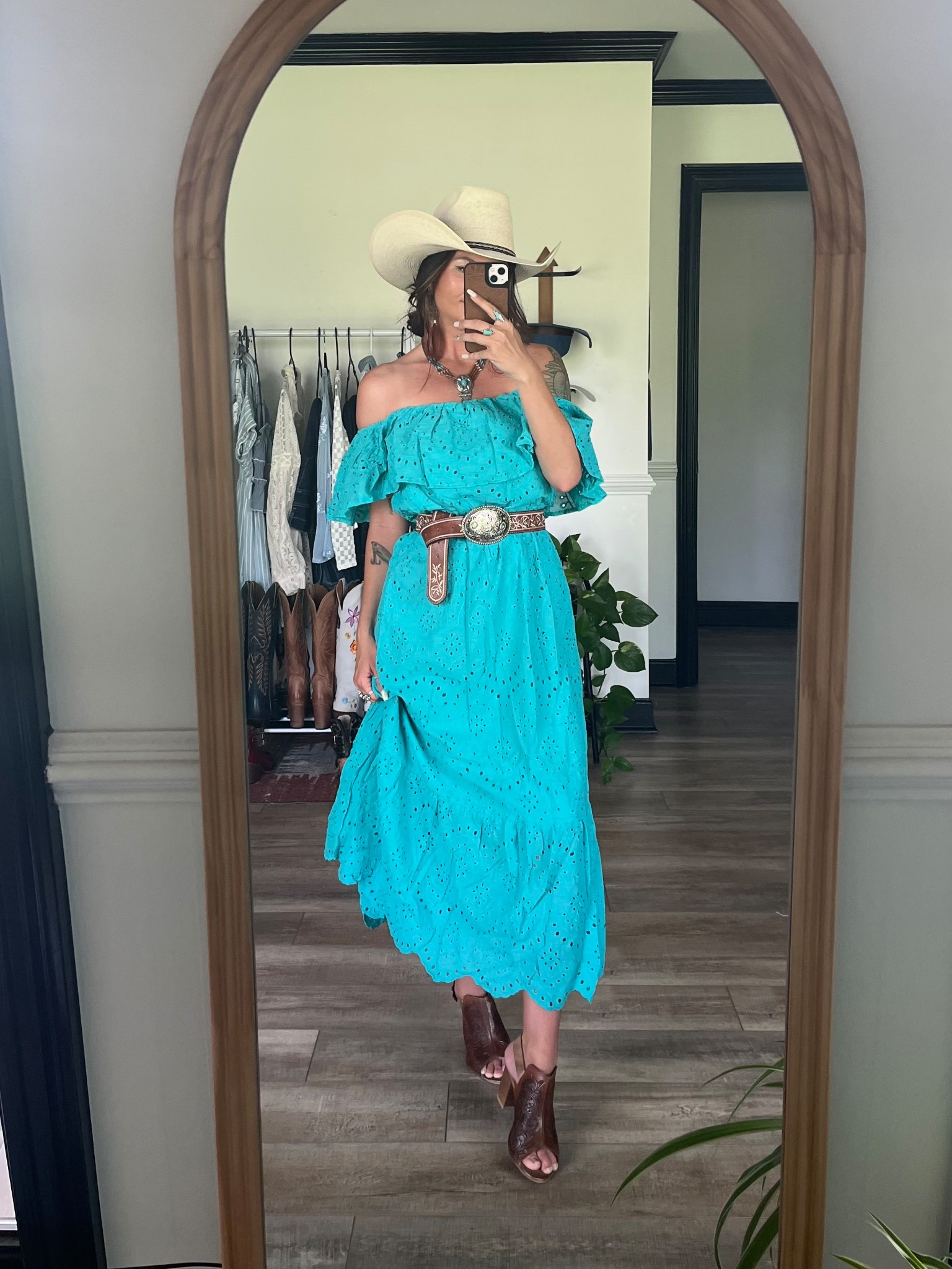 Turquoise colored off the shoulder maxi dress paired with brown tooled heels and belt! Tts! I’m wearing small but could have sized down to xs so added a belt to pull the waist in 

#LTKStyleTip #LTKFestival #LTKSeasonal