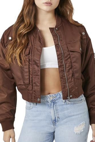 Forever 21 Women's Cropped Bomber Jacket, Chocolate, X-Small | Amazon (US)