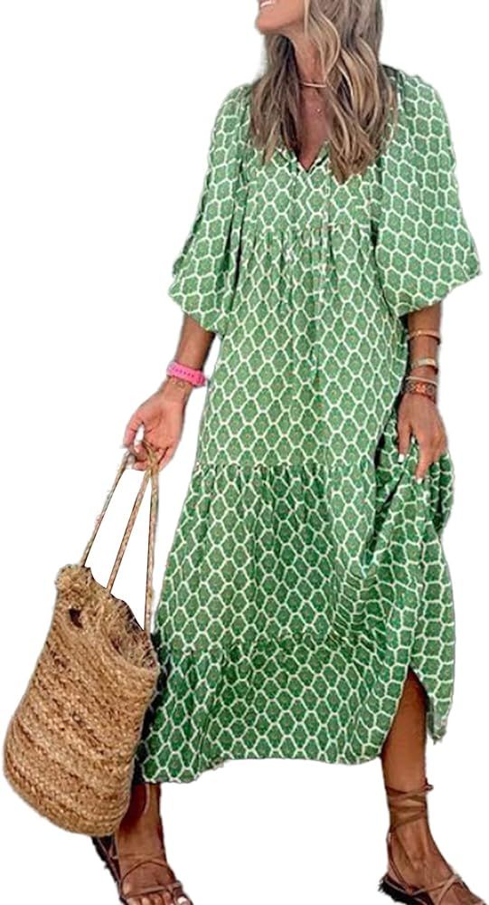 LETSVDO Women's Bohemian Floral Printed Wrap Smocked V Neck Sleeve Maxi Dress | Amazon (US)