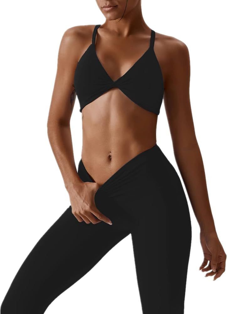 ABOCIW Workout Sets for Women Twist Front Halter Sports Bras High Waist Legging 2 Piece Exercise ... | Amazon (US)