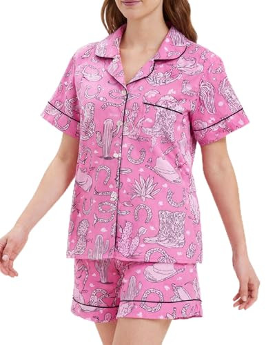 Womens 2 Piece Cowgirl Pajamas Satin Silk Western Cute Pjs Cowboy Boots Short Sleeve Button Up Sh... | Amazon (US)