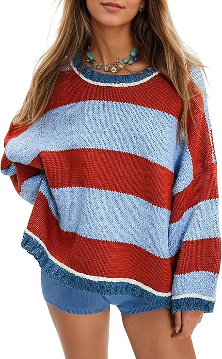 Women's Chunky Knit Striped Sweaters Casual Long Sleeve Crew Neck Oversized Pullover Sweater Wint... | Amazon (US)