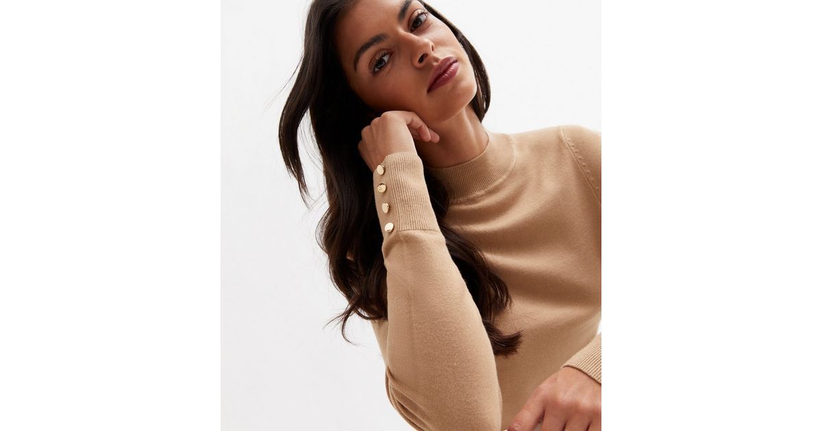 Camel Soft Fine Knit High Neck Button Sleeve Jumper | New Look | New Look (UK)