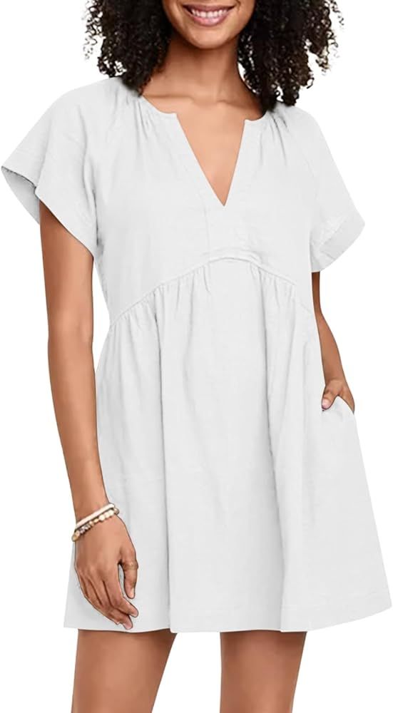 Yousify Womens Summer Dresses V Neck A Line Short Sleeve Sun Mini Dress with Pockets S-2XL | Amazon (US)