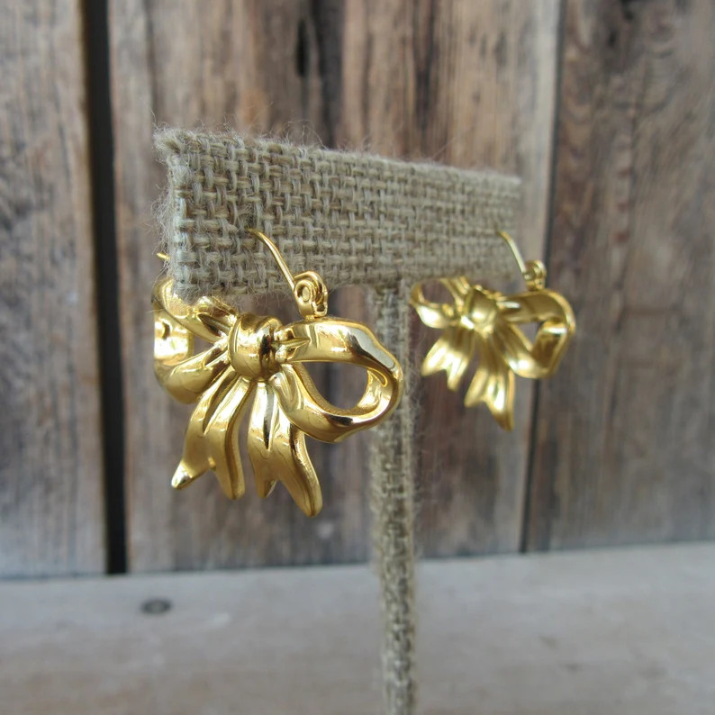 90s Minimalist Gold Tone Hoops Earrings | Bow Lever Back Hoop Earrings | Bow Statement Earrings | Etsy (US)