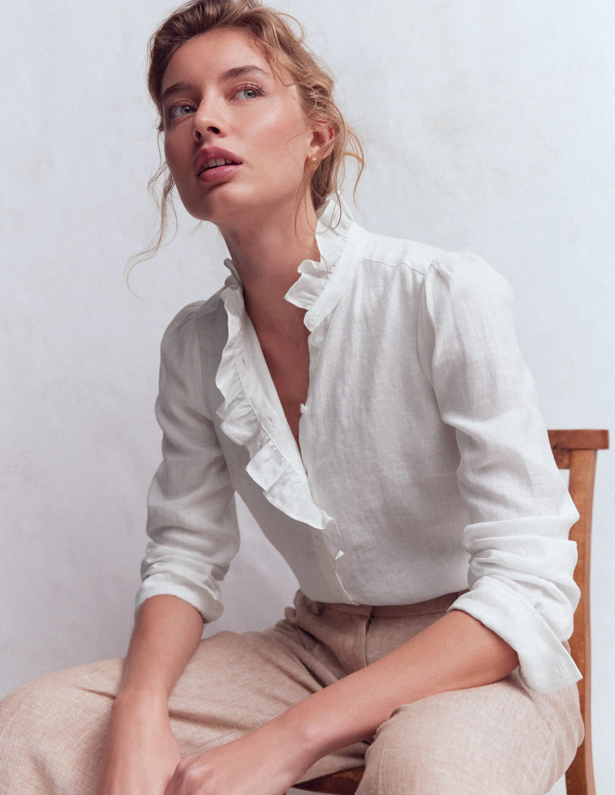 Isabel Ruffle Linen Shirt-White | Boden UK