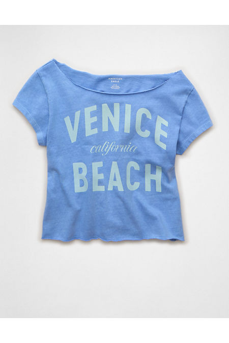 AE Off-the-Shoulder Graphic T-Shirt Women's Blue Daylight L | American Eagle Outfitters (US & CA)