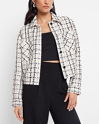 Black & White Sequin Tweed Cropped Shacket | Express