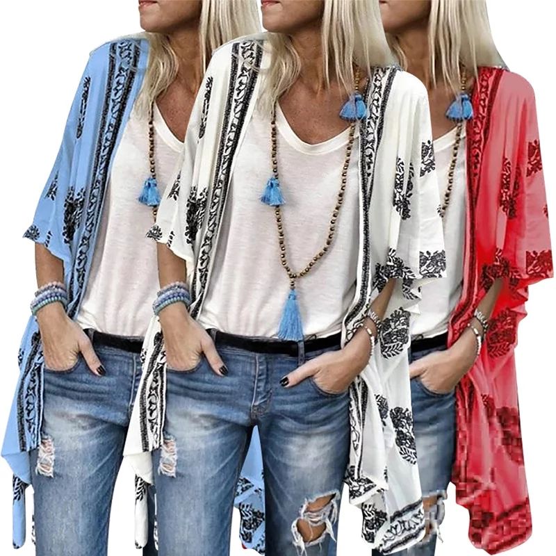Women Floral Print Beach Shawl Kimono Cardigan Boho Chiffon Tops Blouse S-5XL | Walmart (US)