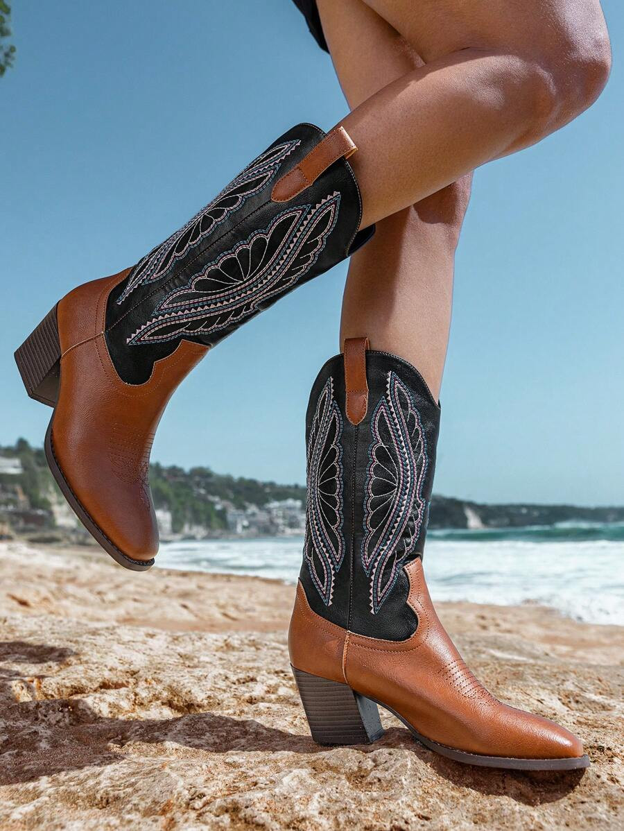 Styleloop Two-Tone Embroidery Square Toe Chunky Heel Mid-Calf Soft Western Boots For Women Fall | SHEIN