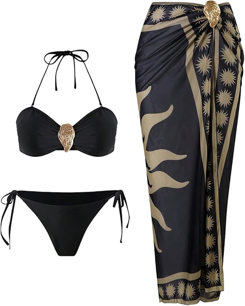 GORGLITTER Women's 3 Piece Swimsuits Metal Halter Bikini Set Strapless Bathing Suit with Coverup ... | Amazon (US)