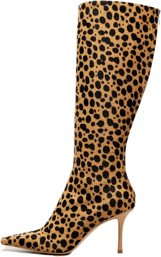 Women's Leopard Zebra Print Knee High Boots Pointed Toe Stiletto Heels | Amazon (US)