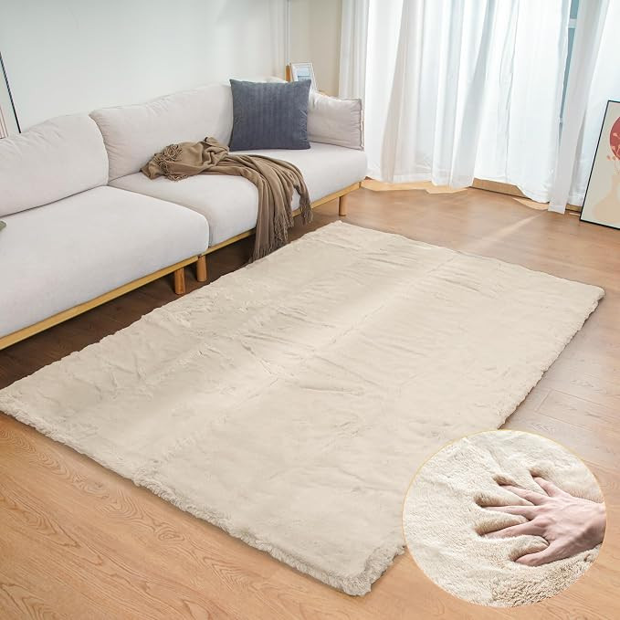 Beige Plush Faux Washable Rabbit Fur Area Rugs for Bedroom Shag Carpet for Living Room 4x6 Rectan... | Amazon (US)