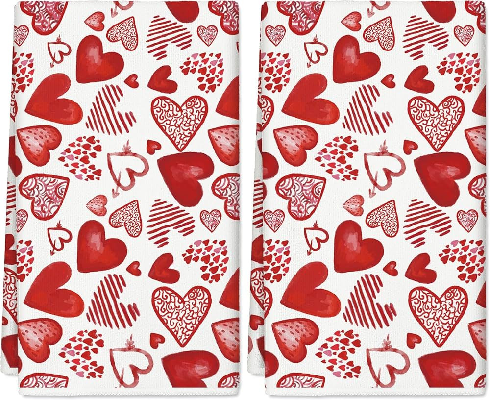 AnyDesign Valentine's Day Kitchen Towel Watercolor Red Hearts Dish Towels 18 x 28 Inch Watercolor... | Amazon (US)