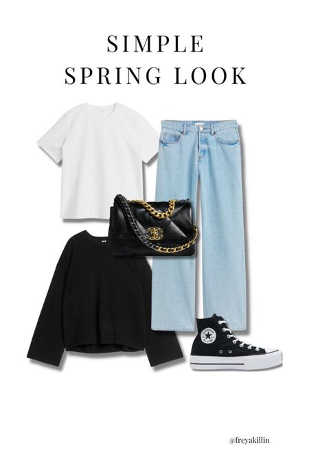 A simple spring look, super chic and easy to create from staple pieces in your wardrobe. Wide leg blue jeans, white arket heavyweight t shirt, arket black oversized knit, Chanel 19 mini handbag, black platform converse  

#LTKstyletip #LTKeurope #LTKshoecrush