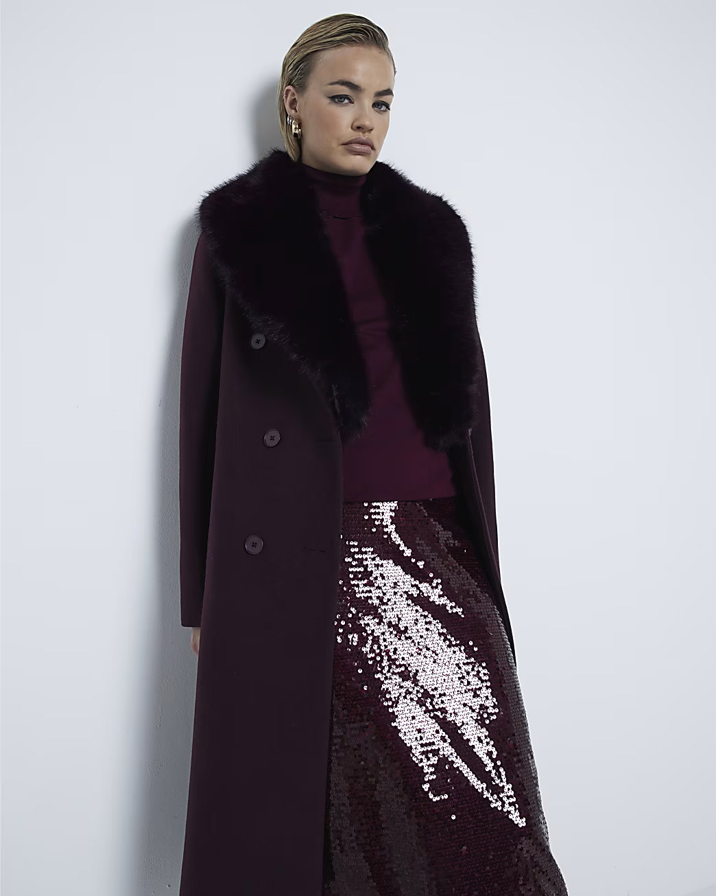 Red Faux Fur Collar Double Breasted Coat | River Island UK & IE