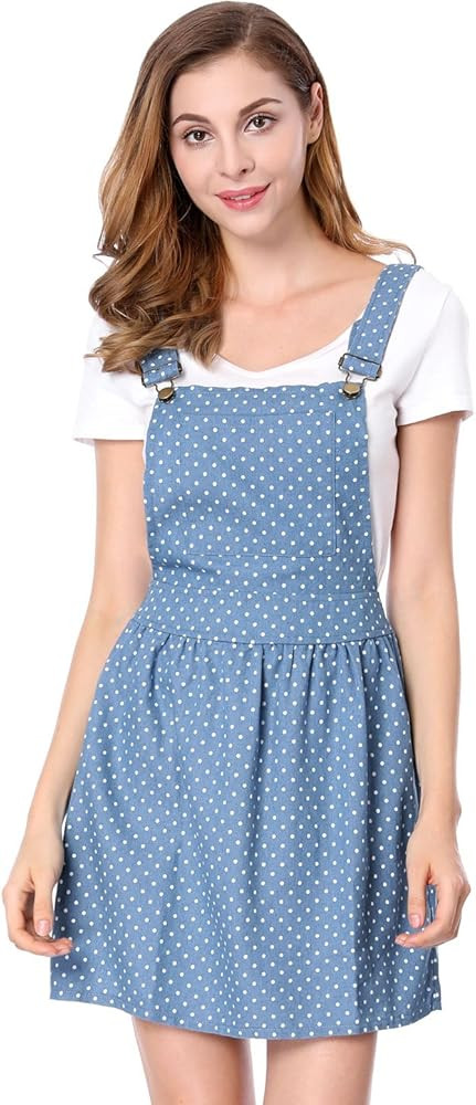 Allegra K Women's Dots Pattern Adjustable Straps Mini Pinafore Jean Denim Overall Dress | Amazon (US)