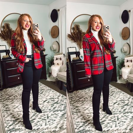 Christmas holiday look! Red plaid blazer in size small with black jeans in size 28 with white turtleneck and black boots 

Code for 25% off red dress boutique valid for only 24 hours ! THANKSJAMI

#LTKunder50 #LTKSeasonal #LTKstyletip