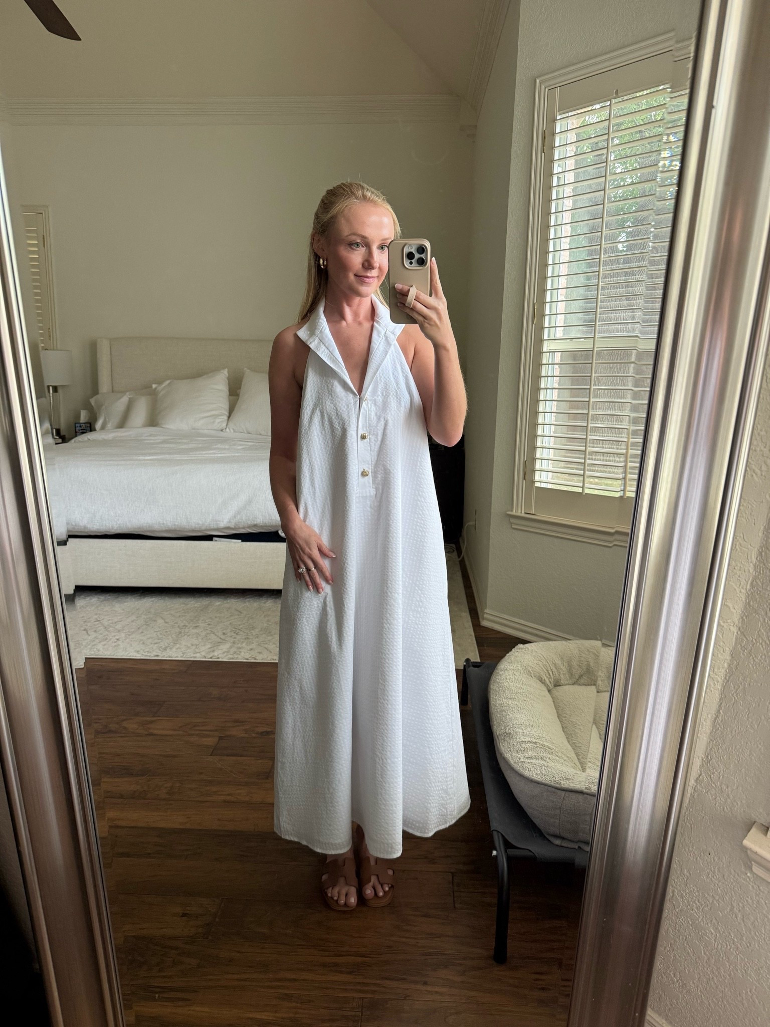 This color is sold out, but linked the dress and sandals! Wearing an XS
