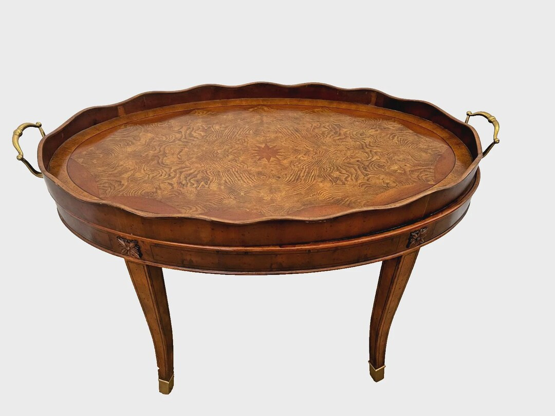Vintage Oval Coffee Table with Dessert Serving Tray, Walnut Burlwood Inlay | Etsy (US)