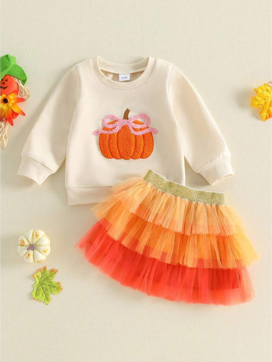 Toddler Baby Girls Halloween Outfit Fashion Pumpkin Bow Embroidery Long Sleeve Sweatshirt With Tulle Skirt 2Pcs Fall Set | SHEIN