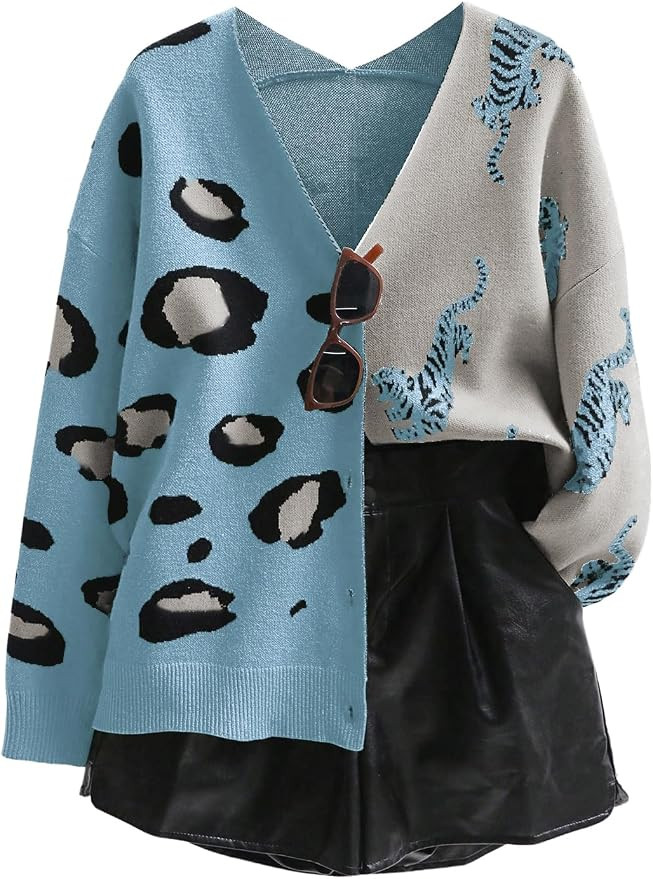 WDIRARA Women's Leopard Tiger Print Cardigan V Neck Long Sleeve Sweater | Button Down,Cheetah Ani... | Amazon (US)