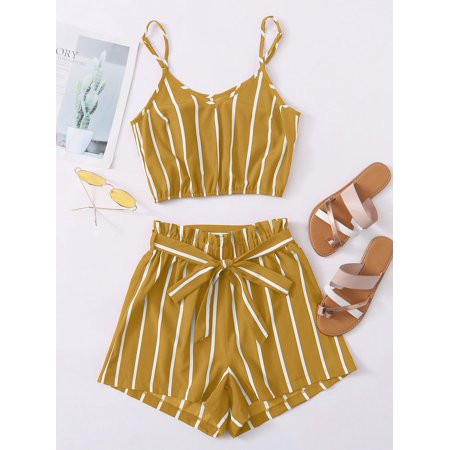 Casual Ladies Striped Cropped Cami Top Belted Paperbag Shorts Set S221601X Yellow | Walmart (US)
