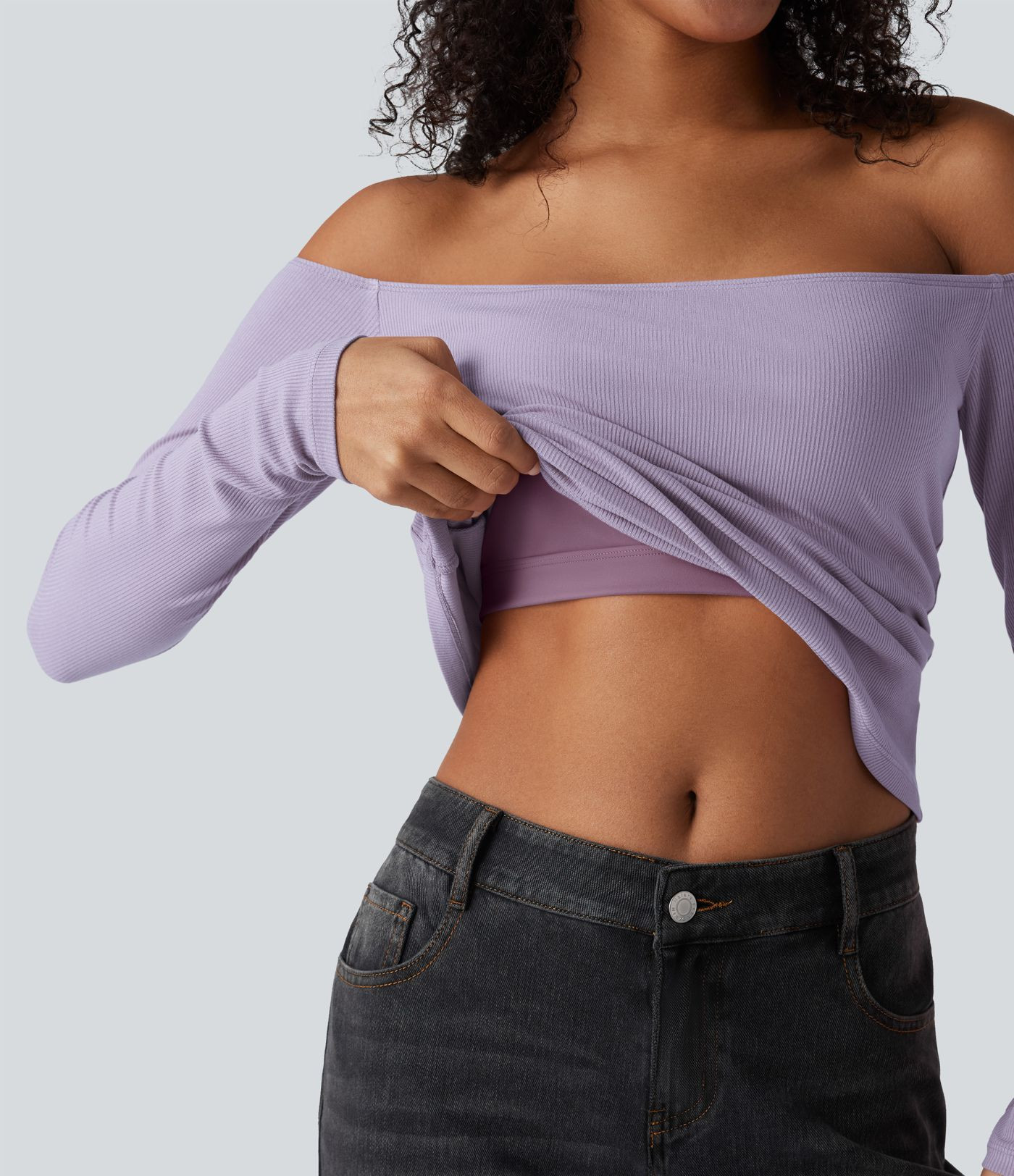 Women’s Ribbed Knit Off Shoulder Long Sleeve 2-in-1 Casual Top - Halara | HALARA