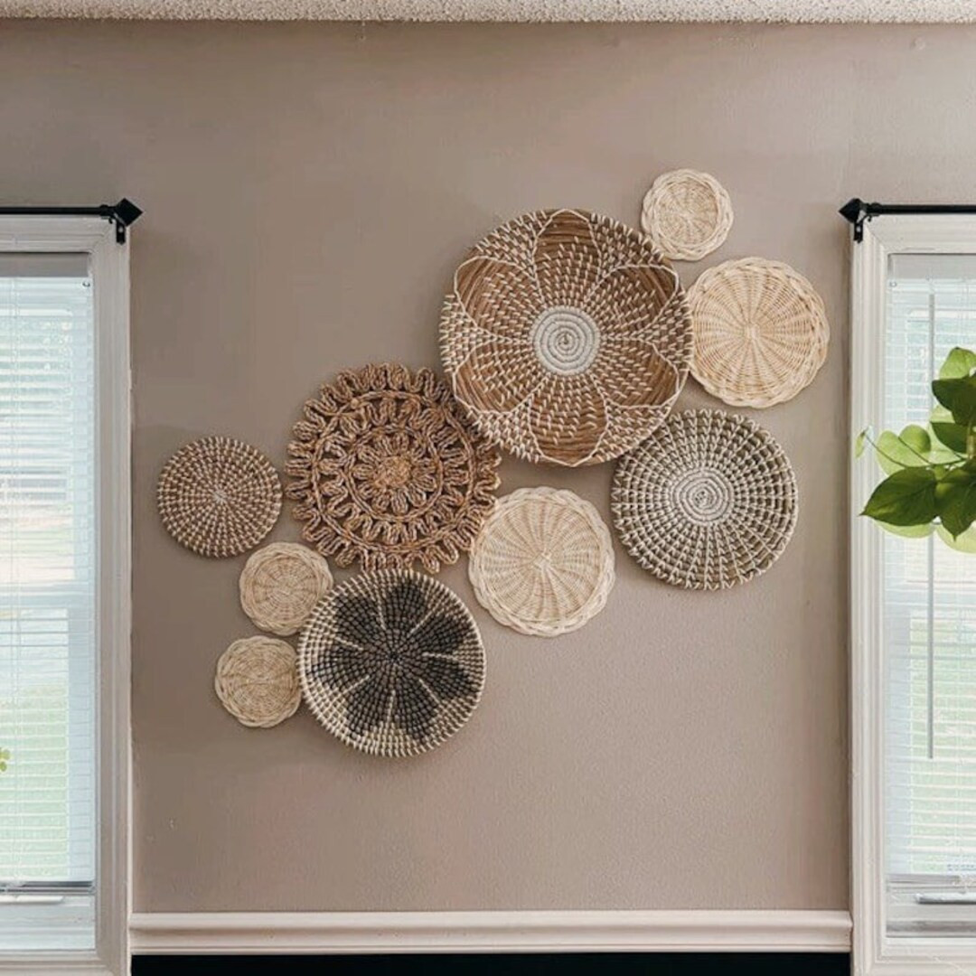 Basket Wall Decor Set 10, Basket Wall Art, Seagrass Wall Decor, Woven Basket Wall Decor, Rattan W... | Etsy (US)